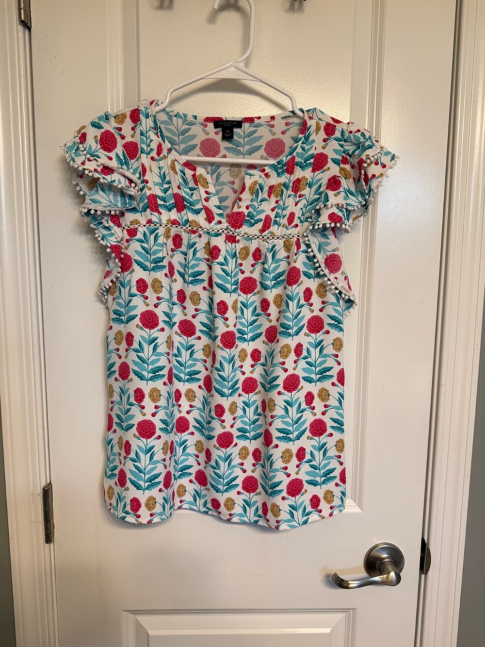 Ann Taylor Petite Floral Blouse - White, Pink & Teal